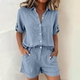 thumbnail image 2 of VISALY Womens 2 Piece Linen Short Sets Roll-Up Short Sleeve Button Down Collared Shirt Elastic High Waist Shorts Set Lightweight Casual Summer Tracksuit Beach Vacation Two Piece Outfit Blue L, 2 of 7