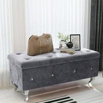 Baxluxe Storage Footstool, 37.4-inch Synthetic Down Storage Bench, Button Tufted Fabric Storage Footstool, Safety Hinges, Flip-Top Footstool, Suitable for Bedrooms and Living Rooms, Gray