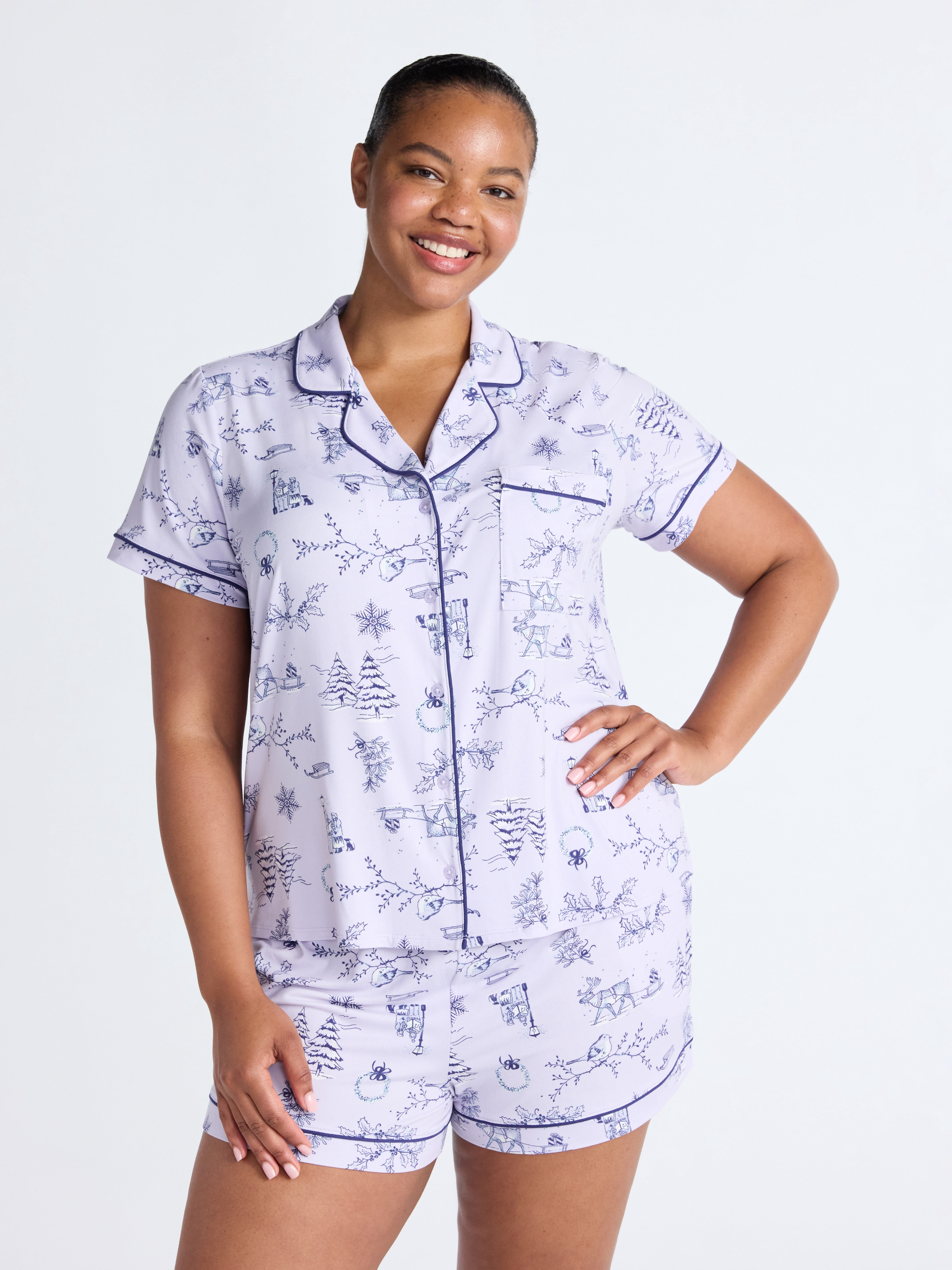Joyspun Women’s Dreamy Soft Collection Notch Collar Knit Top and Boxer Shorts Pajama Set, Sizes XS-3X