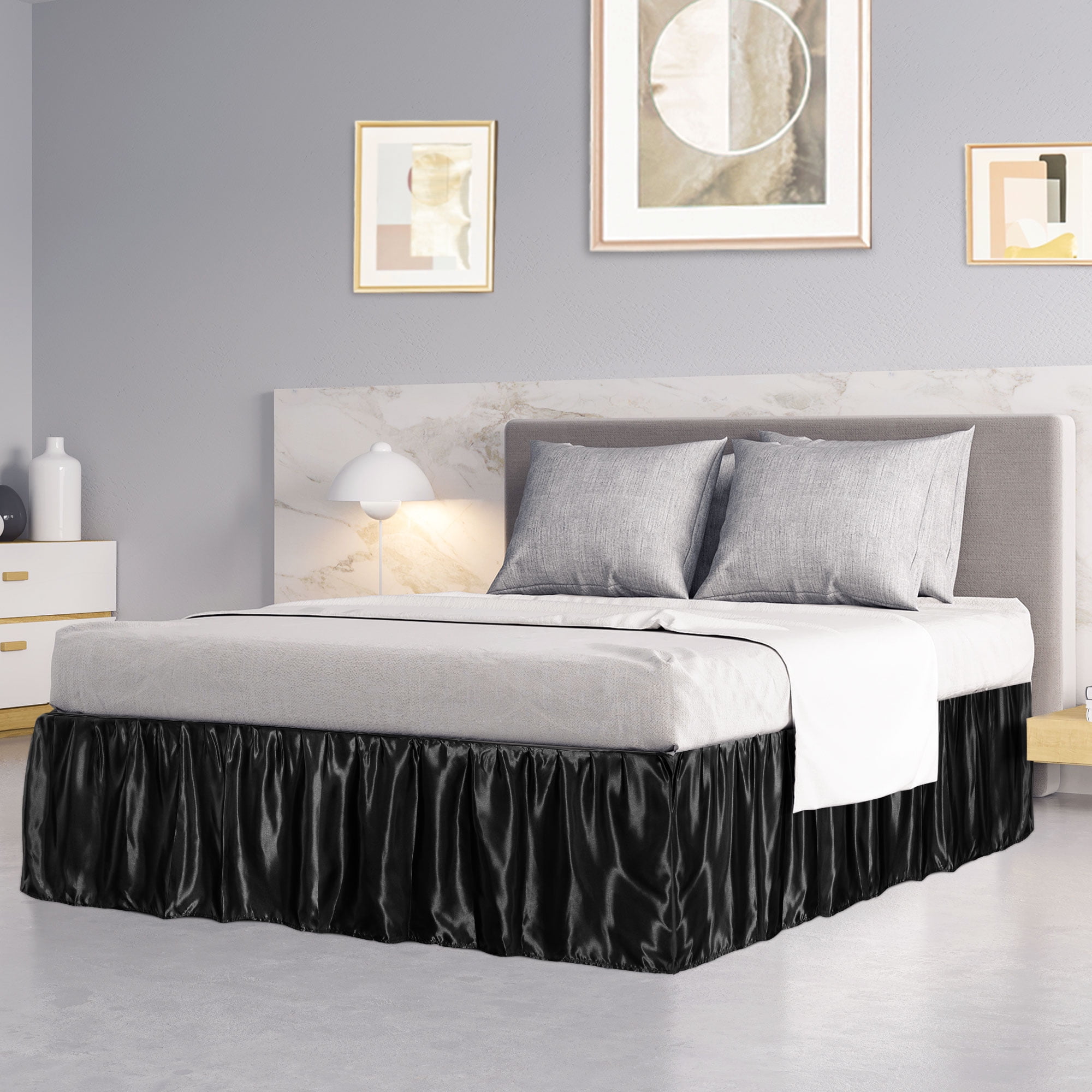 PiccoCasa Satin Bed Skirt 14" Drop Dust Bed Ruffle Black Full