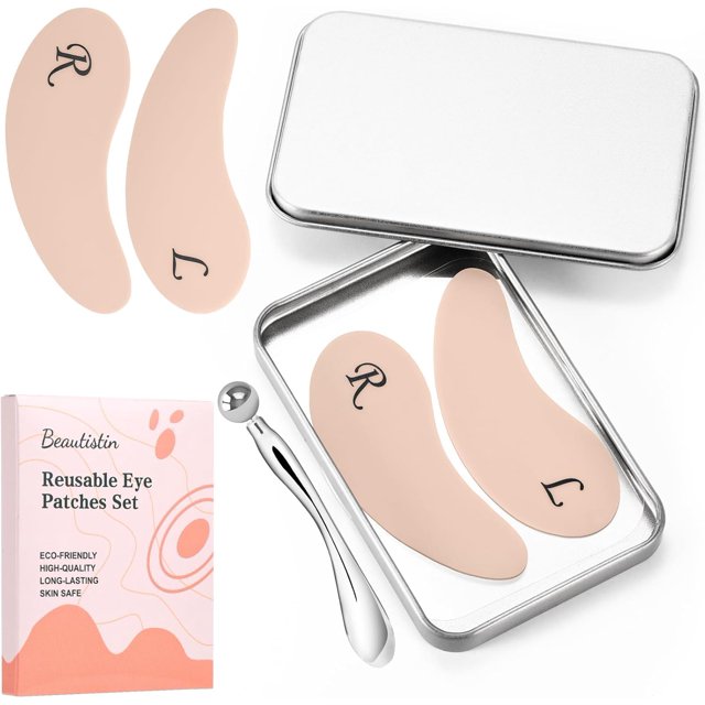 Rejoda-Patchs pour les Yeux en Silicone - Patchs Réutilisables pour les Yeux, Patchs Anti-Rides, Masque sous les Yeux Réutilisable, Repulpe les Ridules et Rides, avec Applicateur de Crème pour les Yeux en Métal, Boîte en Étain