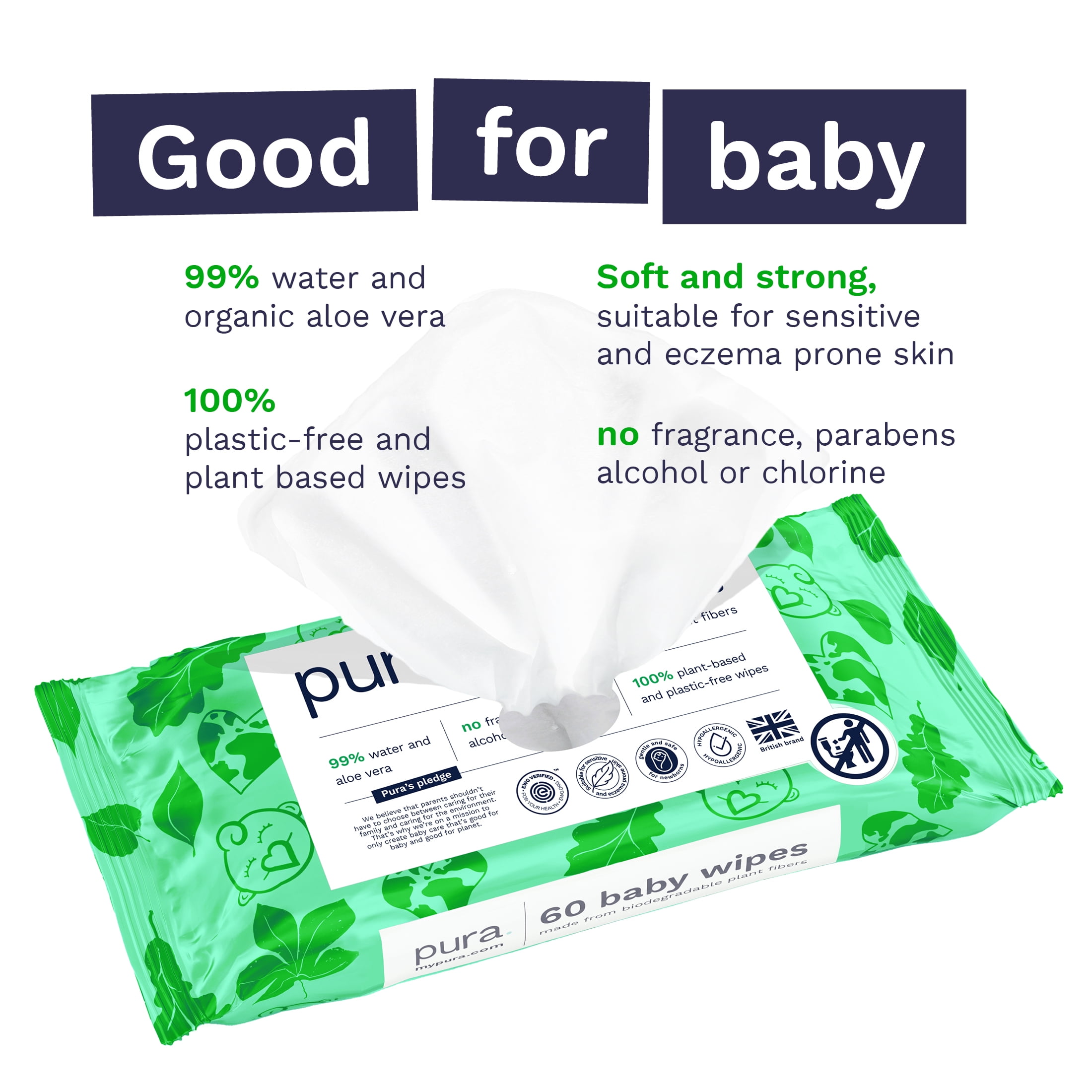 Pura Fragrance Free Sensitive EWG Verified Plastic Free Wipes, 180 Count (Choose Your Count)