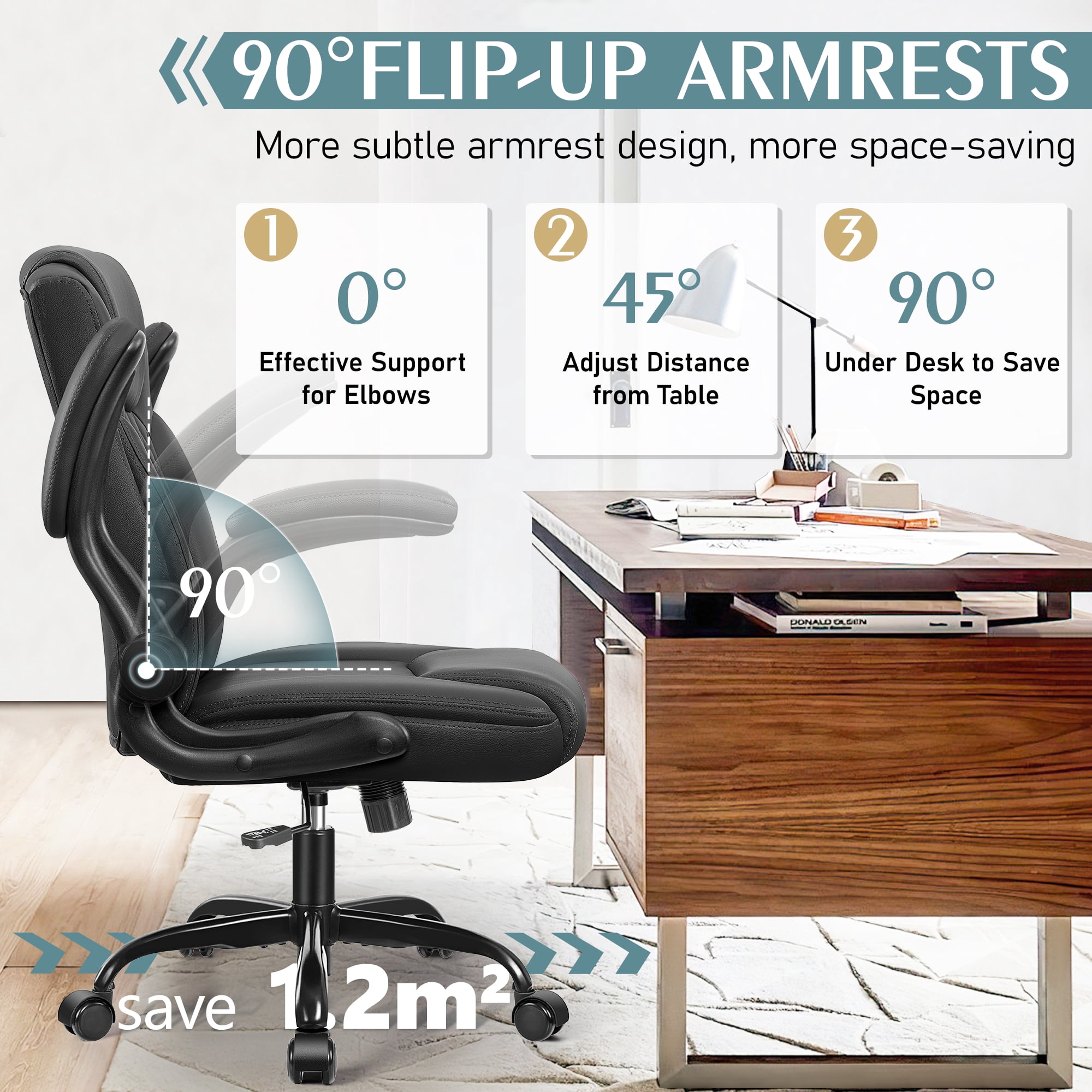 Brick Attic Leather Office Chair, Home Computer Desk Chairs with Ergonomic Back Support, 360°Swivel Free, Small Gaming Chair with Wheels and Adjustable Armrests,Black