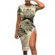 thumbnail image 2 of Puntoco Vestido De Mujer Con Cuello Redondo Y Manga Corta Estampado Smock Slim Fit Con Abertura Vestido De Manga Corta Con Cuello Redondo Caqui Xxl,Regalos Para Mujer Joven, 2 of 4