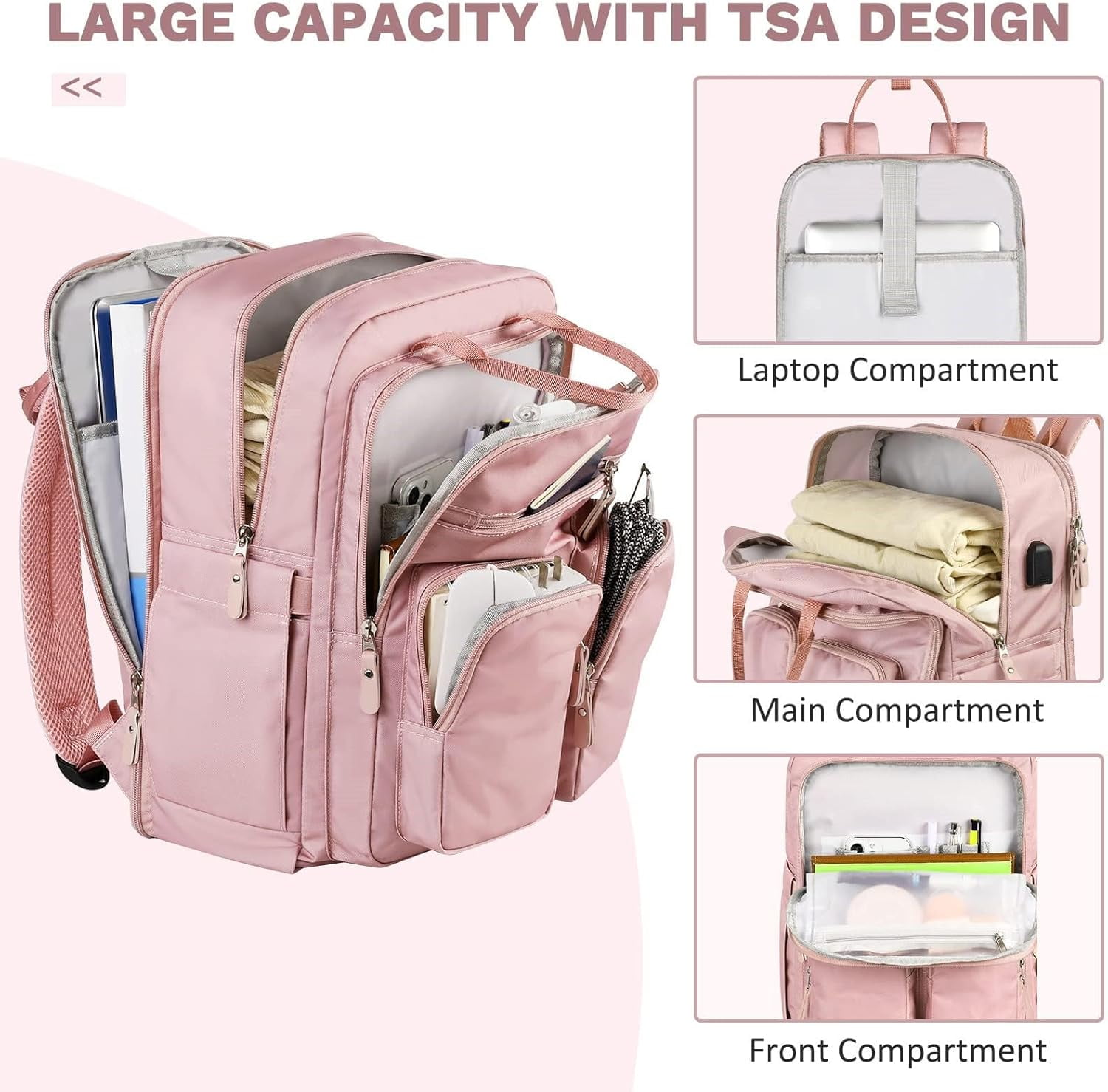 Mancro Work Backpack for Women, Airline Approved Travel Backpack with Luggage Strap Fits for 15.6in Laptop, Pink