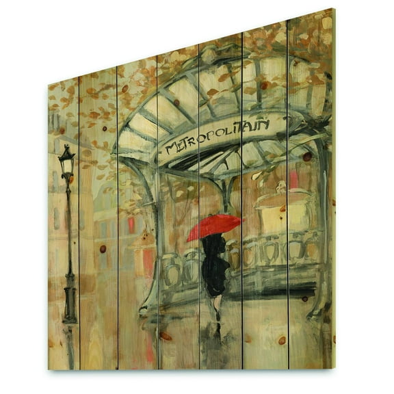 Designart 'Love Girl in Paris' Romantic French Country Print on Natural Pine Wood