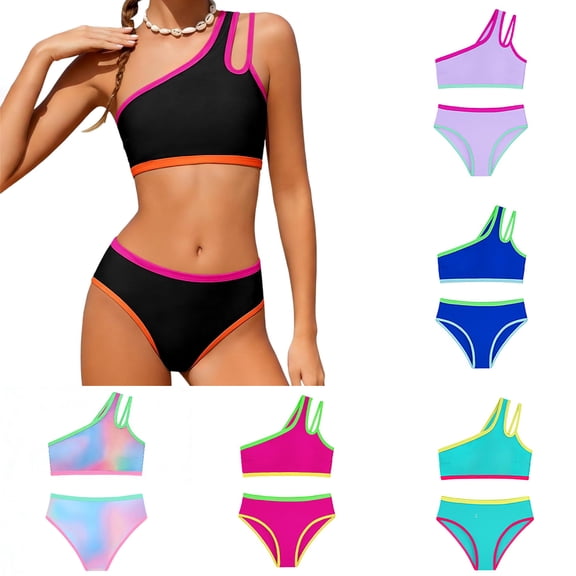 Girls One Shoulder Two Piece Swimsuit – Color Block Bikini with Chest Padding & Cutout Back, Youth Swimwear for Ages 7-16 Years(Black,10Y)