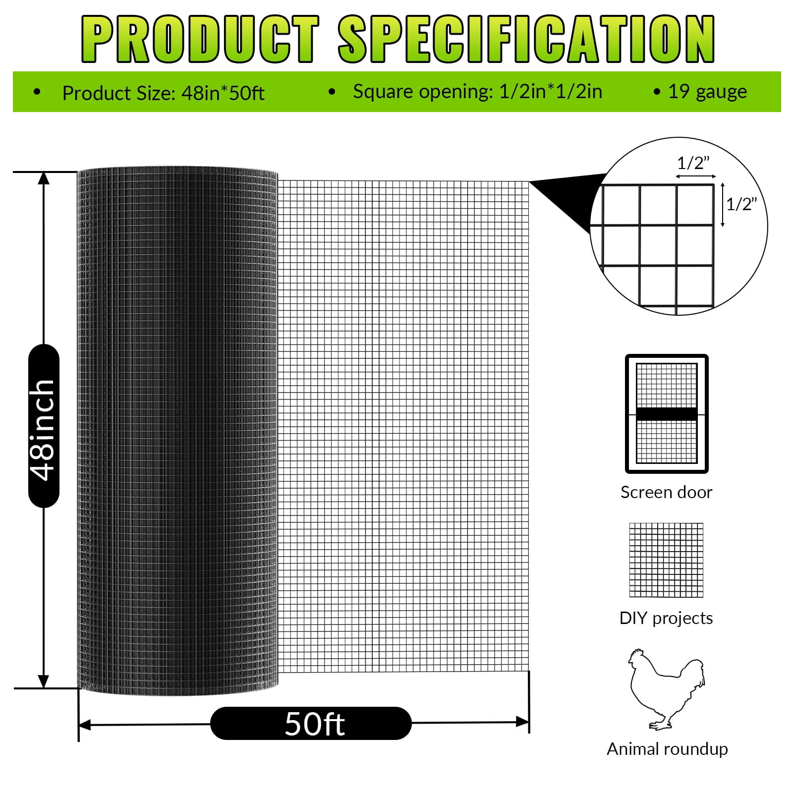 Hardware Cloth 1/2 Inch 48'' x 50ft, 19 Gauge Heavy Duty Black Vinyl Coated Welded Wire Mesh Roll, PVC Hardware Cloth for Chicken Fencing, Garden Fence & Tree Guard