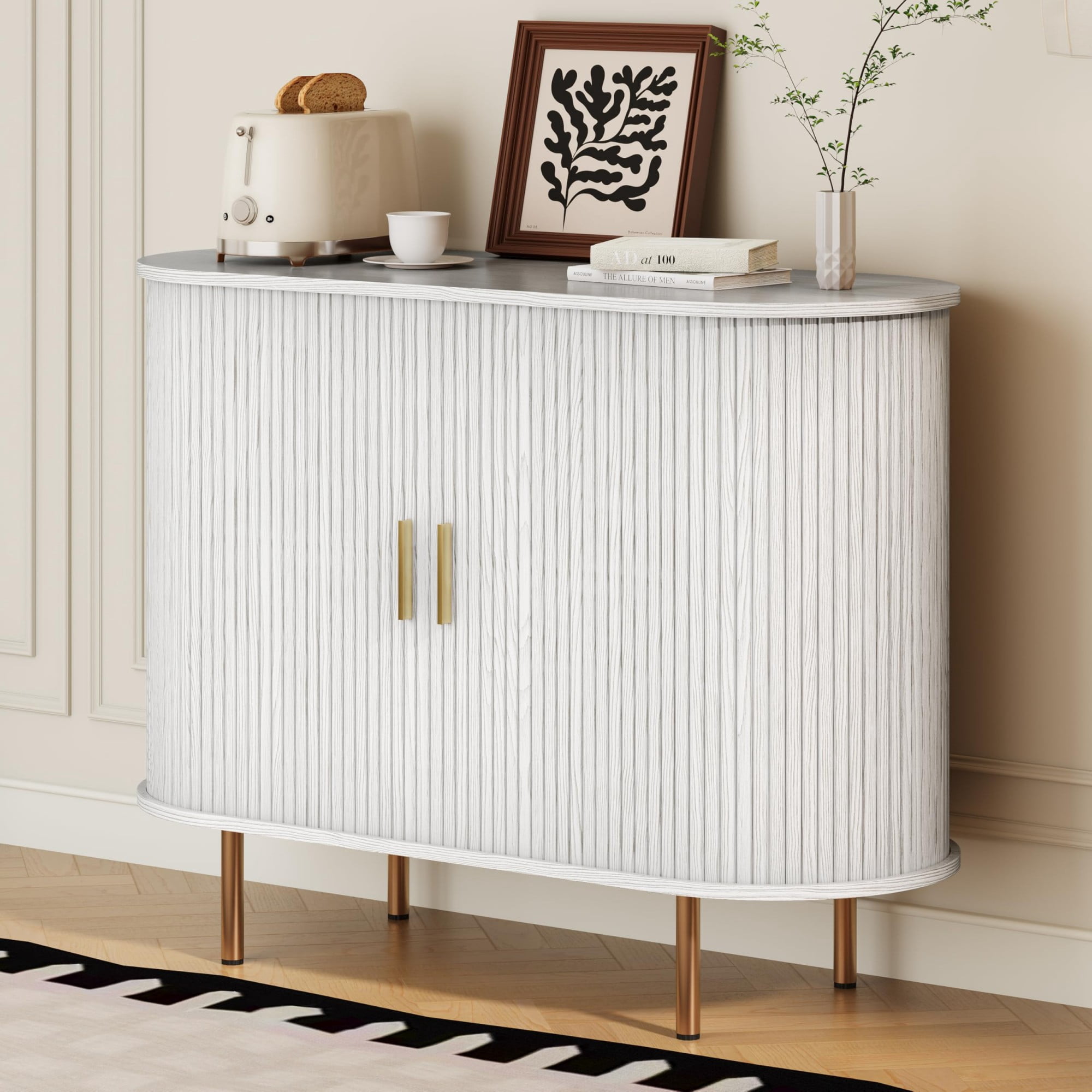 Mid Century Modern Sideboard Buffet Cabinet, 55 Inch Fluted Coffee Bar Console with Tambour Sliding Doors, White