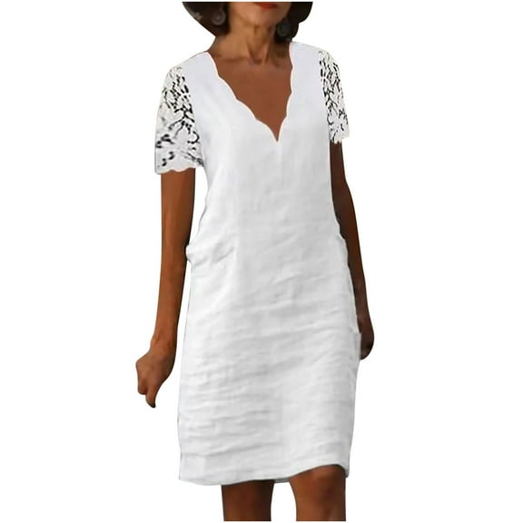QUYUON Womens Linen White Dress Casual Loose Knee Length Dress Summer Floral Lace Mesh Short Sleeve V Neck T Shirt Tunic Dress Wedding Guest Dress Sundress White_A 3XL