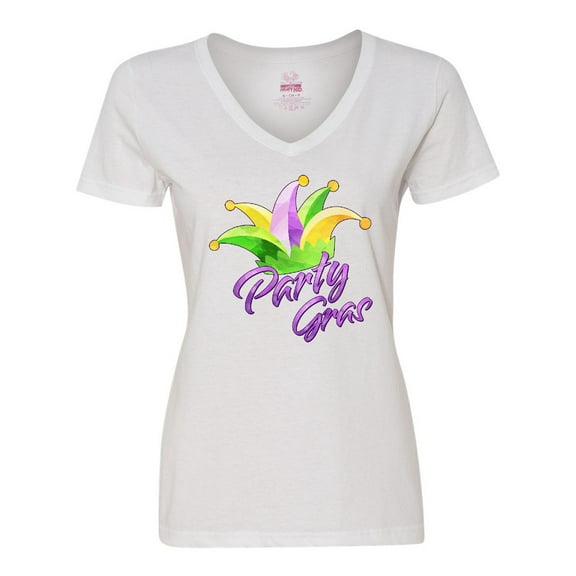 Inktastic Party Gras Mardi Gras Jester Hat Women's V-Neck T-Shirt