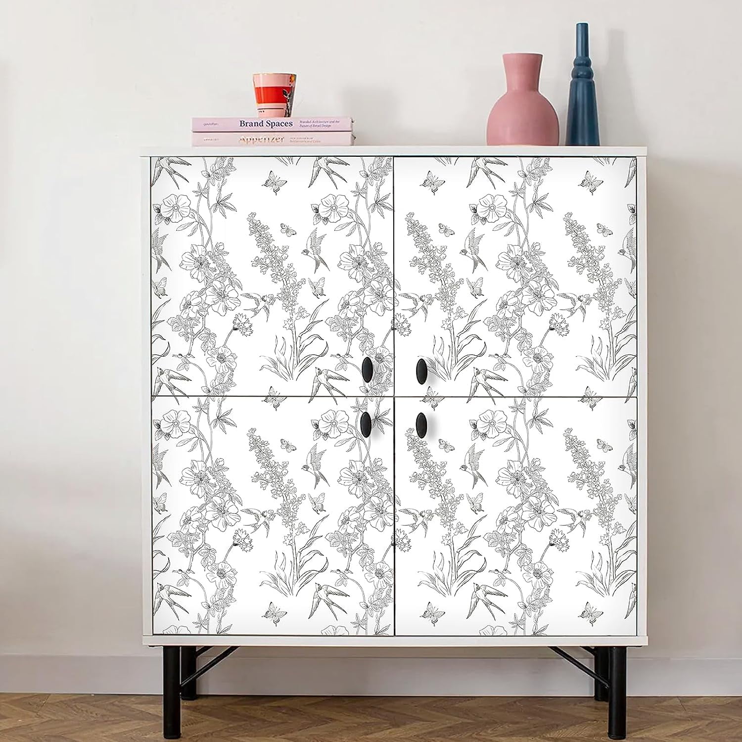 Caltero Floral Wallpaper Peel and Stick Wallpaper Black White Wallpaper Self Adhesive Removable Contact Paper,17.71" x 394"