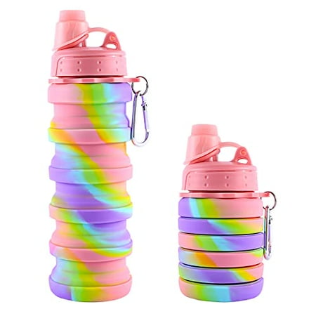 

MAKERSLAND Rainbow Collapsible Sports Water Bottle for Kids Students Reusable BPA Free Silicone Foldable Water Bottles for Travel Camping Hiking Back to School Gift Pink