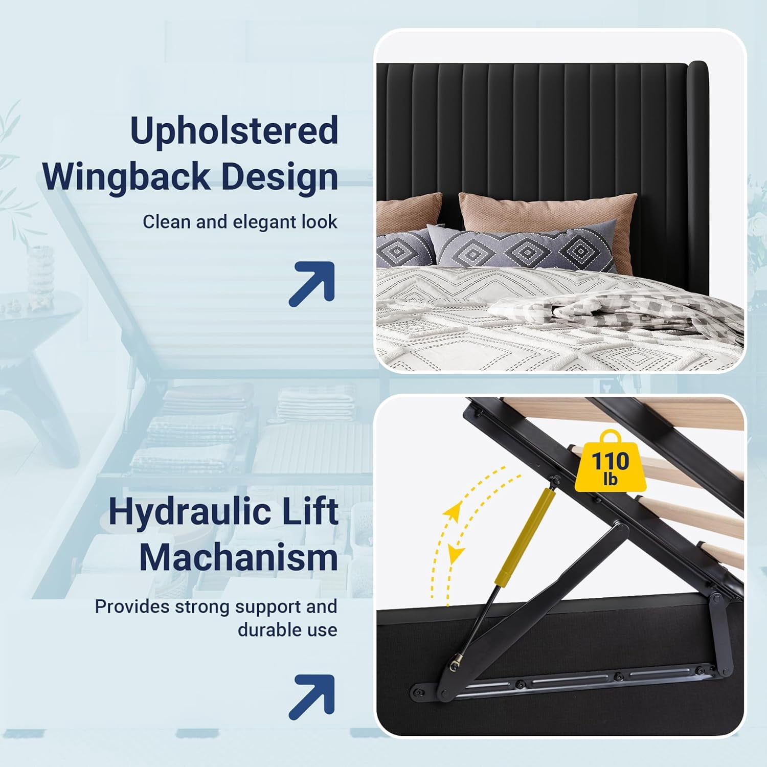 Allewie Queen Size Lift Up Storage Bed Frame, Hydraulic Support System, Upholstered Platform Bed Frame, Vertical Channel Tufted Headboard with Wingback, Black