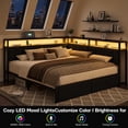 thumbnail image 5 of Queen Corner Bed Frame with Storage Drawers, LED Lights and Charging Station, Modern Queen Size Bed Frame Metal Platform with Linen Upholstered Guardrail, Dorm Bedroom Daybed for Teen Adult, Gray, 5 of 8
