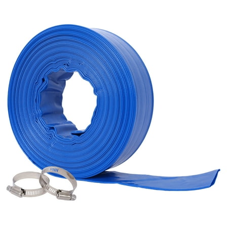 2"x100FT Pool Backwash Hose, Blue Heavy Duty Reinforced PVC Lay Flat Water Discharge Hose for Swimming Pool Filter Pump,with 2 Clamp