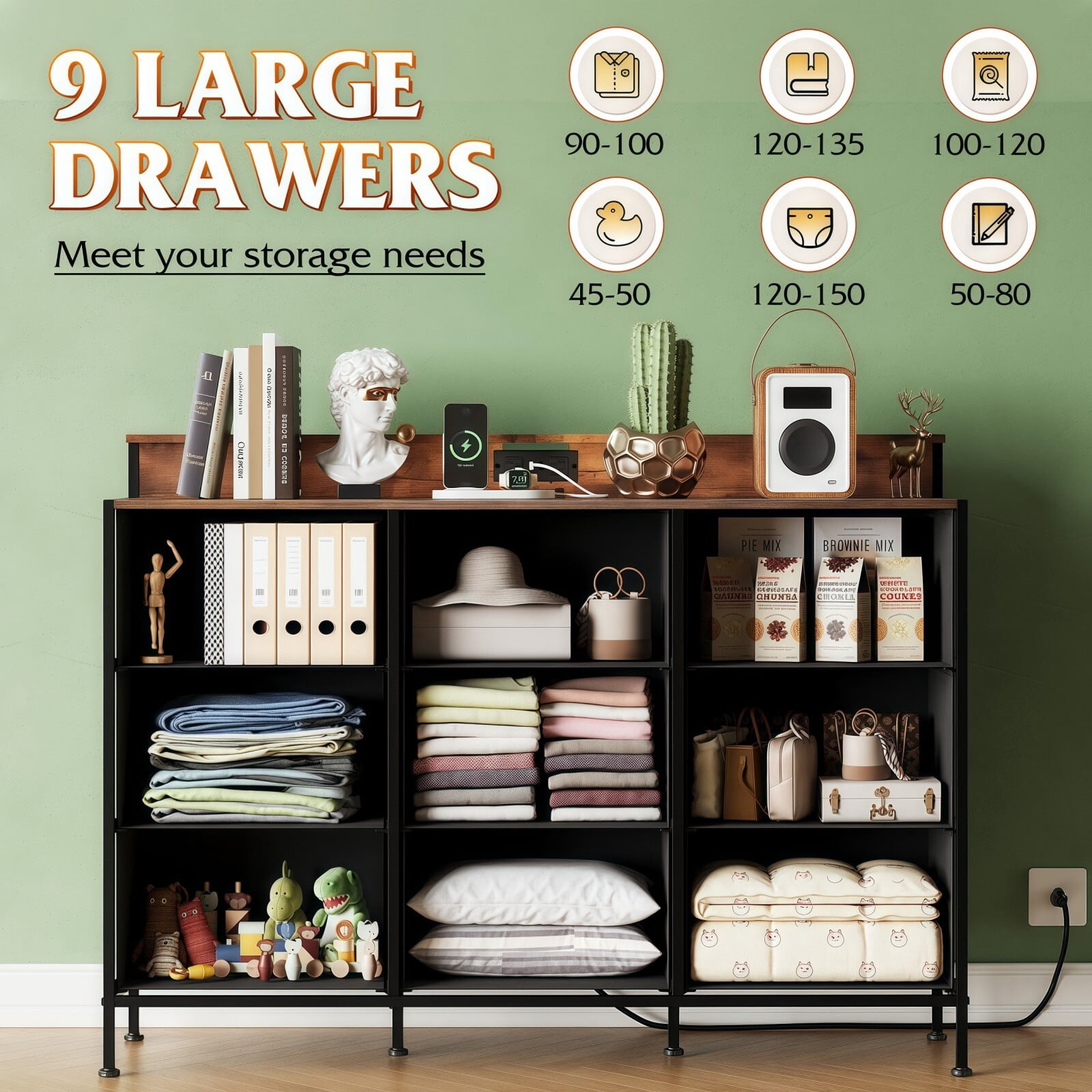 BEAUTYPEAK TV Stand Dresser with 9 Fabric Drawers LED Light AC USB-C Charging Station, Rustic Brown