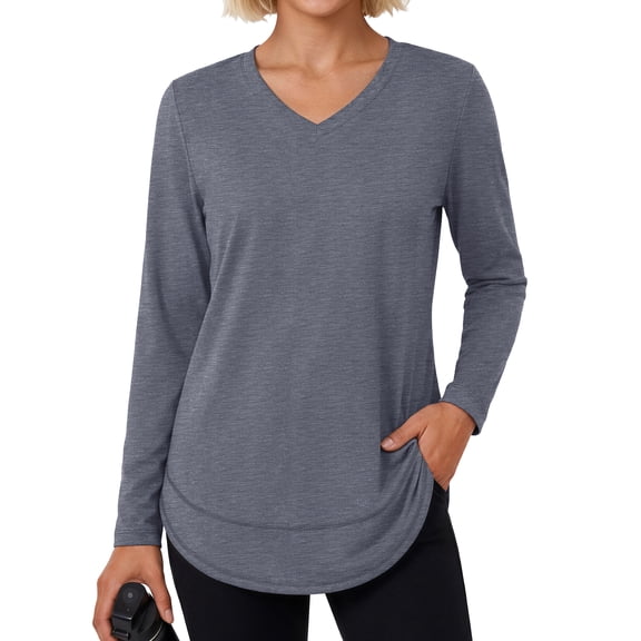Rosvigor Womens Workout Tops Long Sleeve V Neck Tee Shirts Athletic Shirts Comfy Activewear Tops for Gym Running Yoga