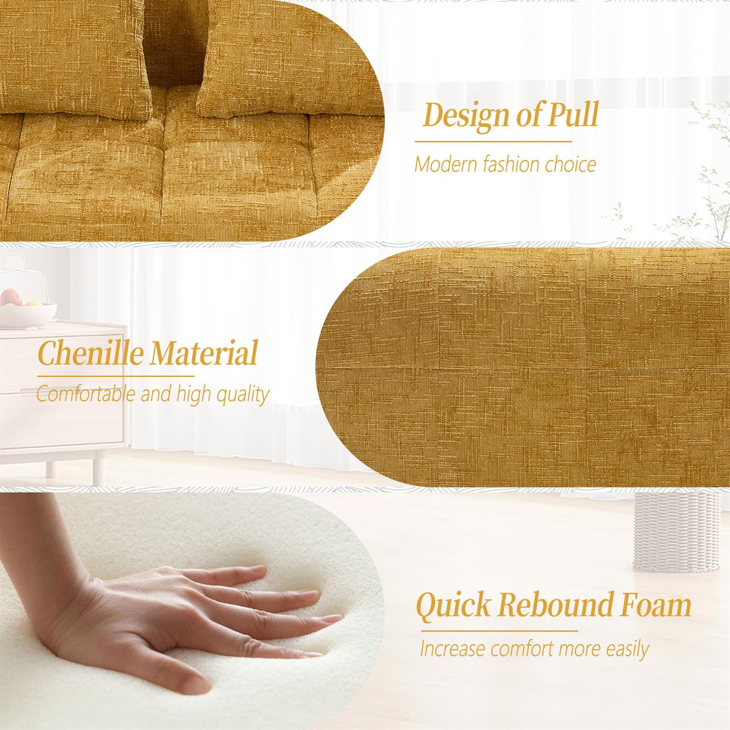 Demi Bonn 62" Plush Chenille Loveseat Sofa, Modular Sleeper for Living Room, Bedroom, Apartment Lounge, Stylish & Comfortable Couch, Yellow