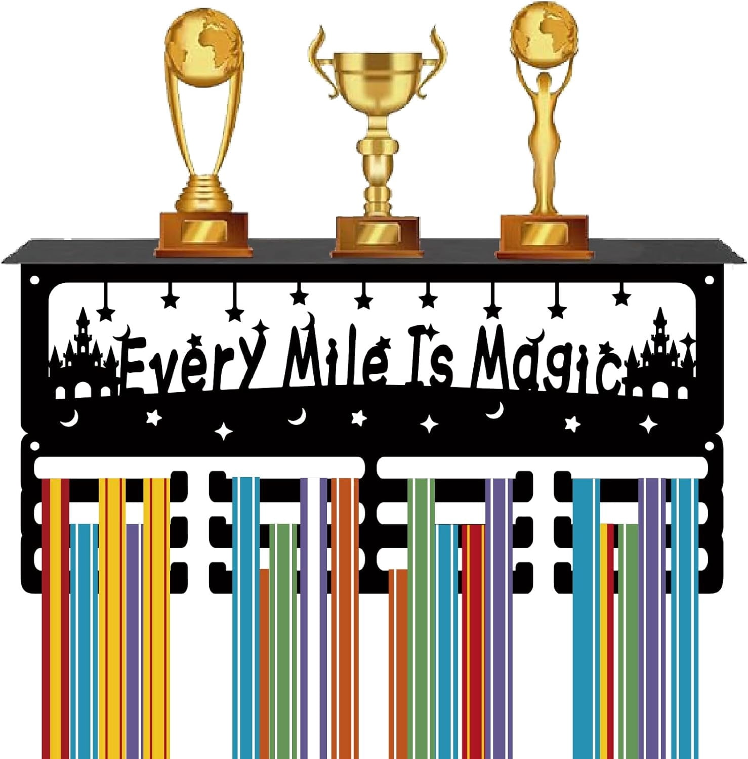Cheerleader Medal Holder Cheerleading Medal Hanger Trophy Shelf Display with 12 Hooks Sports Medal Rack with Shelf for Wall Mount Stand Hold 60+ Medals Awards Ribbons Running 15.7x8x4Inch Black DIY