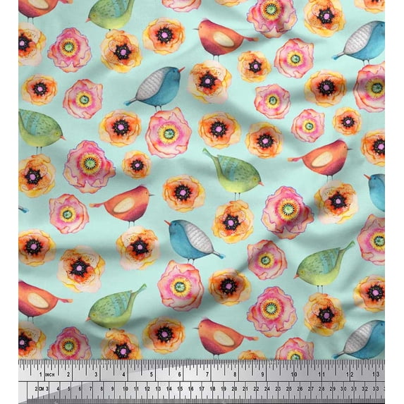 Soimoi Cotton Cambric Fabric Bird & Anemone Floral Print Fabric by The Yard 56 Inch Wide