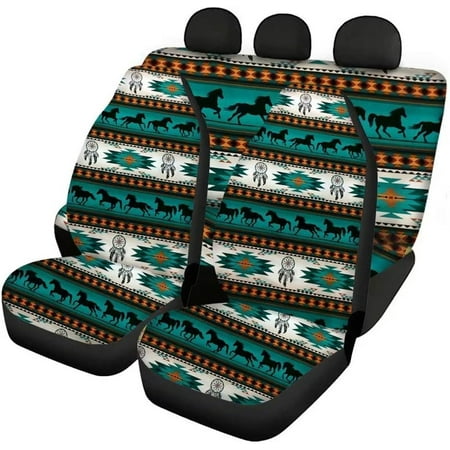 FKELYI Aztec Tribal Horse Turquoise Car Seat Covers for Women Men,Breathable Split Bench Vehicle Auto Seat Covers for Almost Car,SUV,Truck,Van,5pcs Durable
