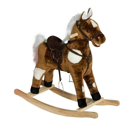 Qaba Kids Plush Rocking Horse Toy with Music and Tail Wagging, Soft Ride-On Rocking Chair for Toddlers Ages 3 and Up, Dark Brown