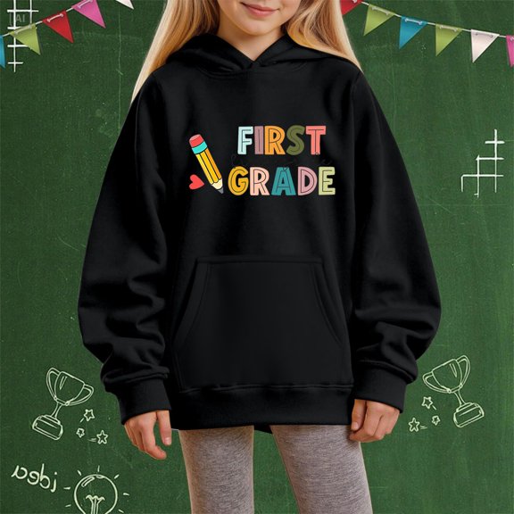 XXWXYD Girls Back -to -School Letter Print Hooded Sweatshirt, First Day Graphic Pullover Loose Casual Top Fall Spring Trendy Outfit
