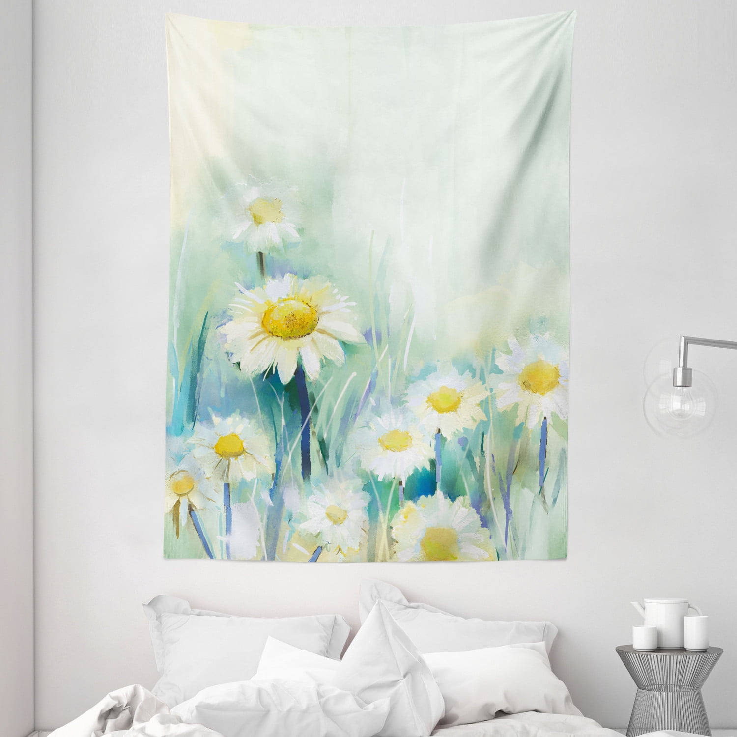 Flower Tapestry, Daisies on Grass Mother Earth Icons Impressionist  Expression of Nature Print, Wall Hanging for Bedroom Living Room Dorm  Decor, 60W X 80L Inches, Pale Blue White, by Ambesonne 