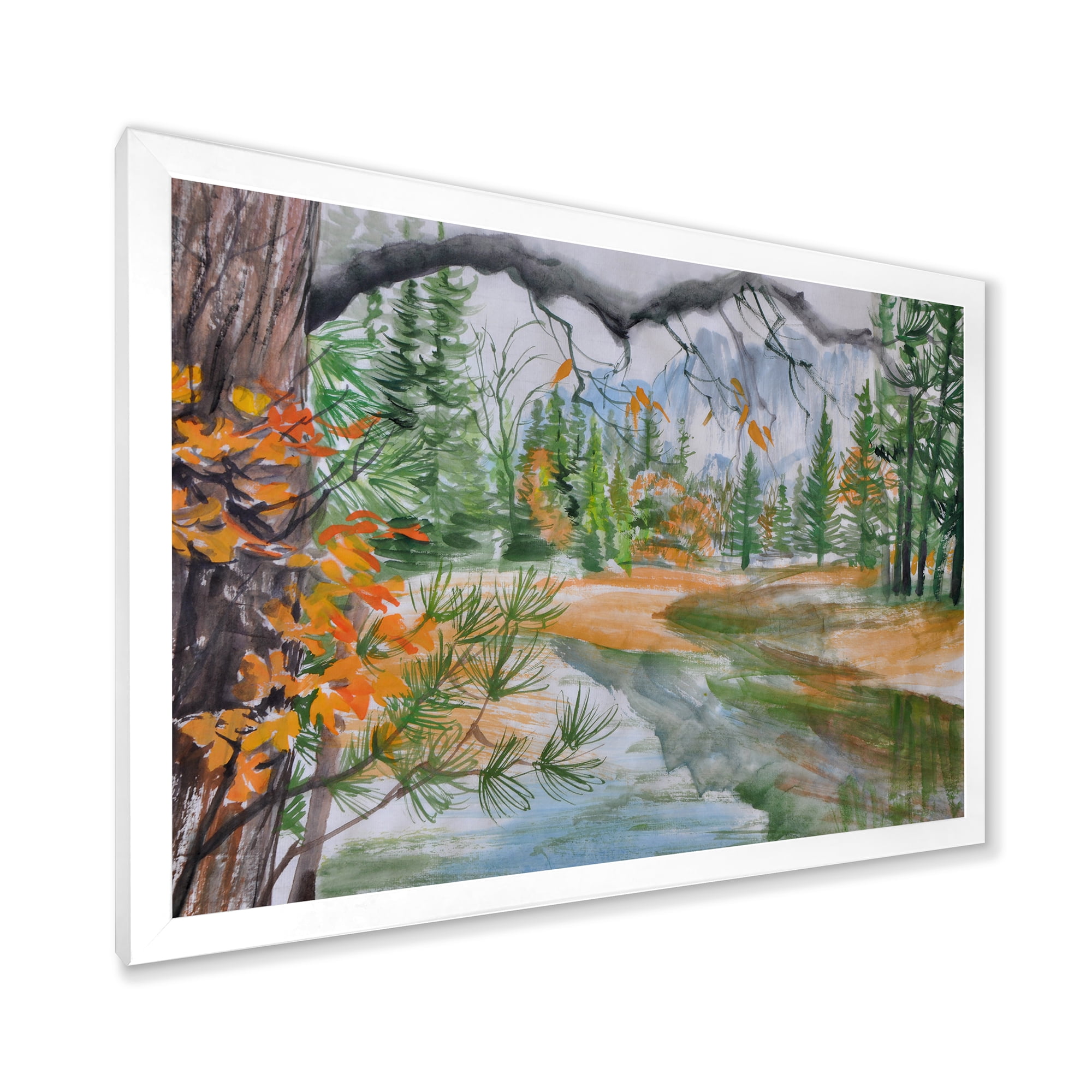Designart 'Trees With River In Autumn Forest' Lake House Framed Art Print