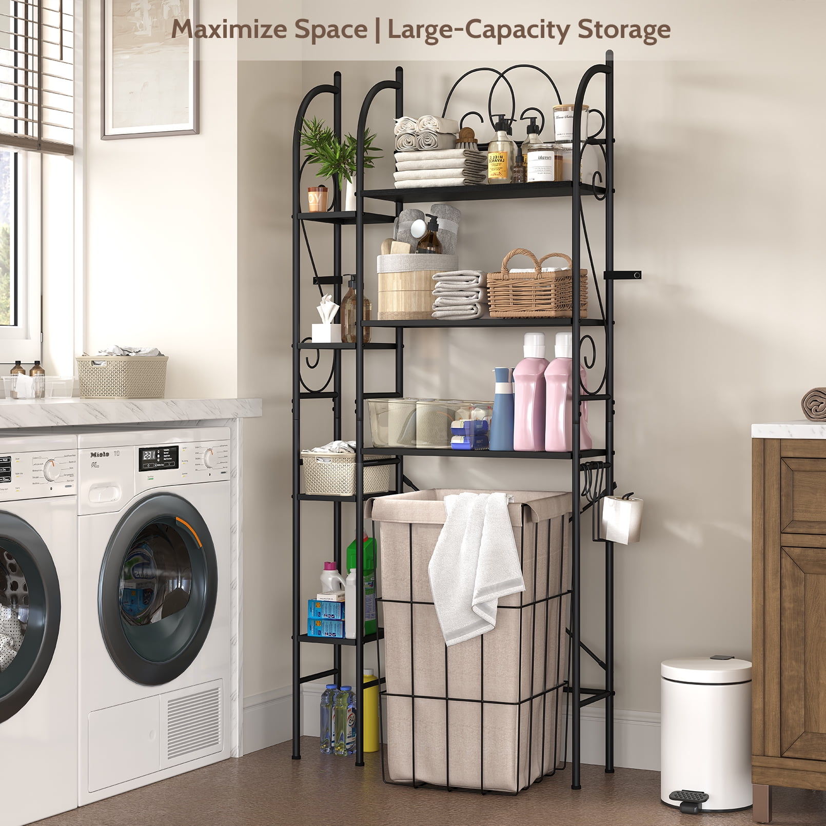 7-Tier Over the Toilet Storage Rack, Heavy-Duty Metal Bathroom Organizer with Adjustable Shelf, Dual Toilet Paper Holders, Side Hooks, Space Saver for Small Bathroom Storage, Black