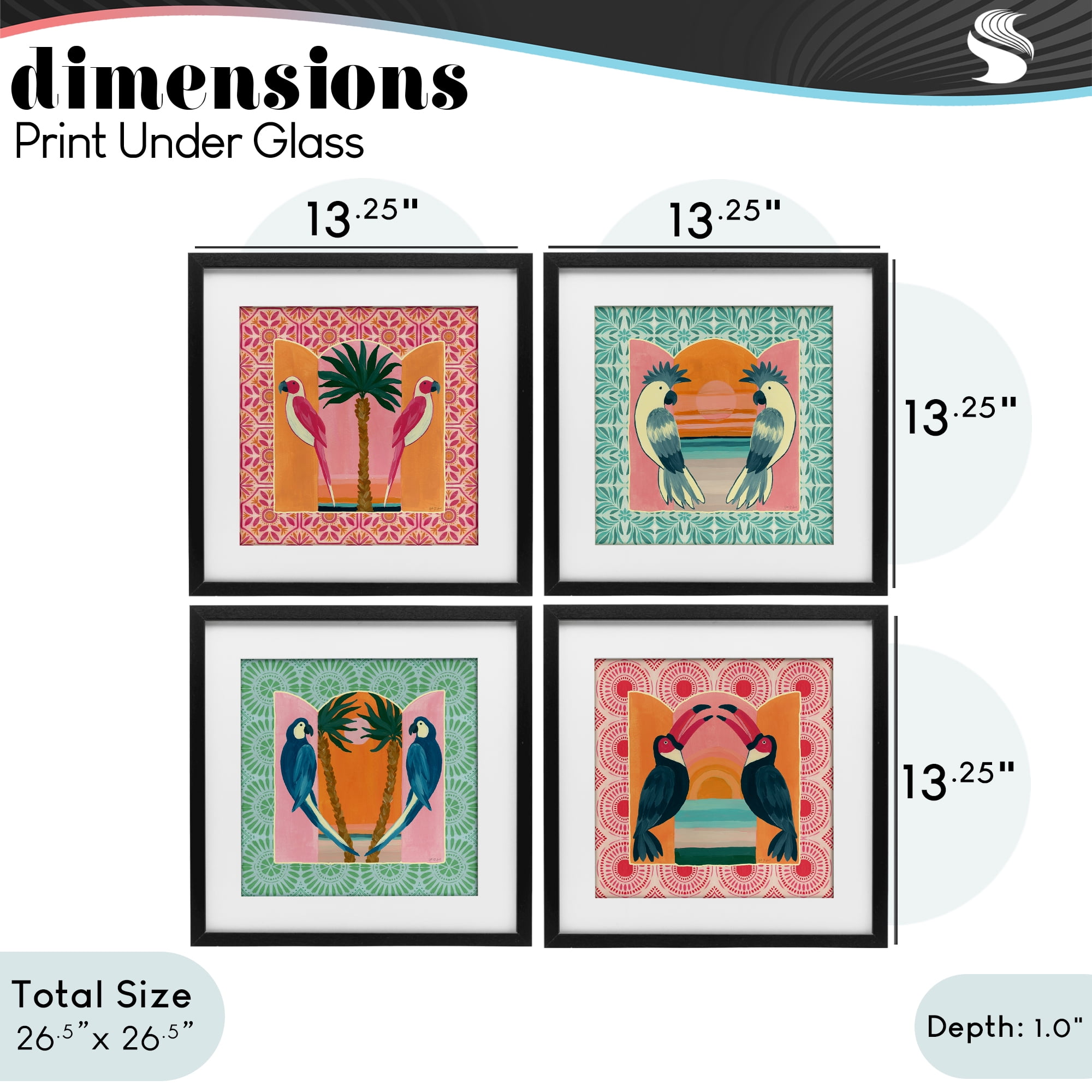 Stupell Industries Patterned Twin Bird Symmetry 4 Piece Black Framed Print Under Glass Set, design by Yvette St. Amant