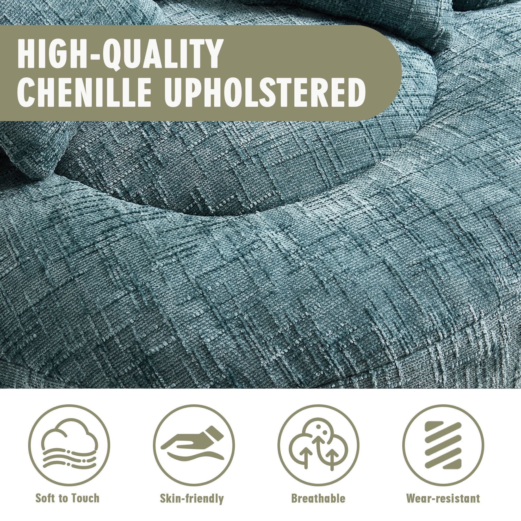 MOONMISS Chenille Upholstered Durable Comfort Lounger Bean Bag Lazy Sofa with Three Pillows-Teal