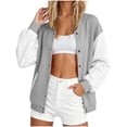 thumbnail image 2 of Qzwdhjm Varsity Jackets for Women Button Down Baseball Jacket Color Block Long Sleeve Bomber Coats Loose Casual Coat with Pockets, 2 of 6