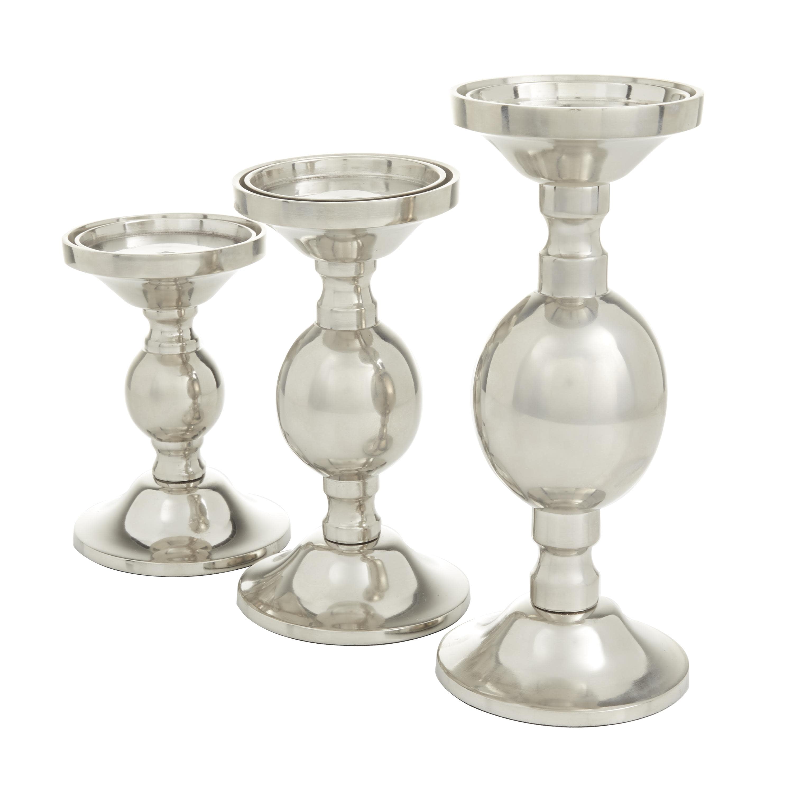 DecMode 3 Candle Silver Aluminum Metal Pillar Candle Holder, Set of 3