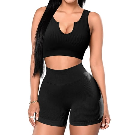 2 Piece Workout Sets for Women Seamless Yoga Outfits Ribbed Sports Bra Gym Shorts (Black Small)