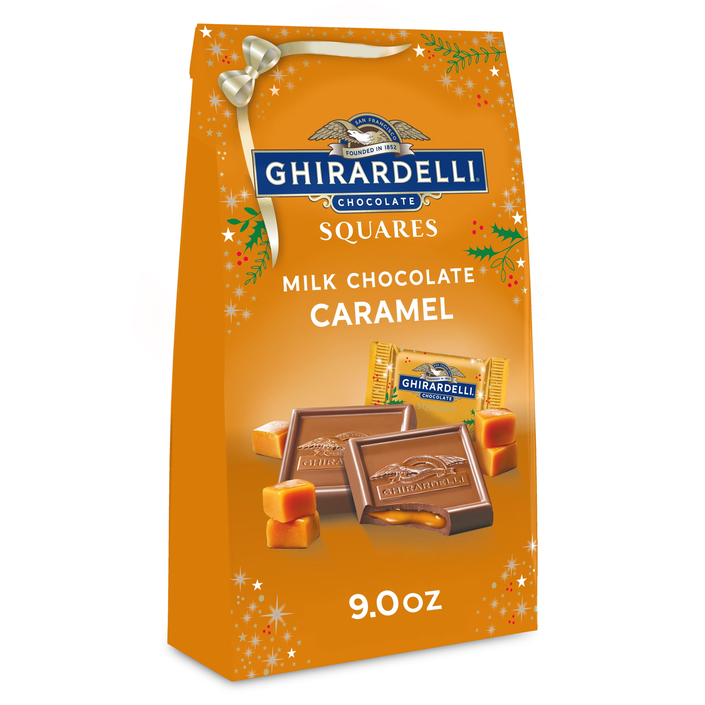 GHIRARDELLI Holiday Milk Chocolate Caramel Squares, Milk Chocolate with Caramel Candy, 9 OZ Bag