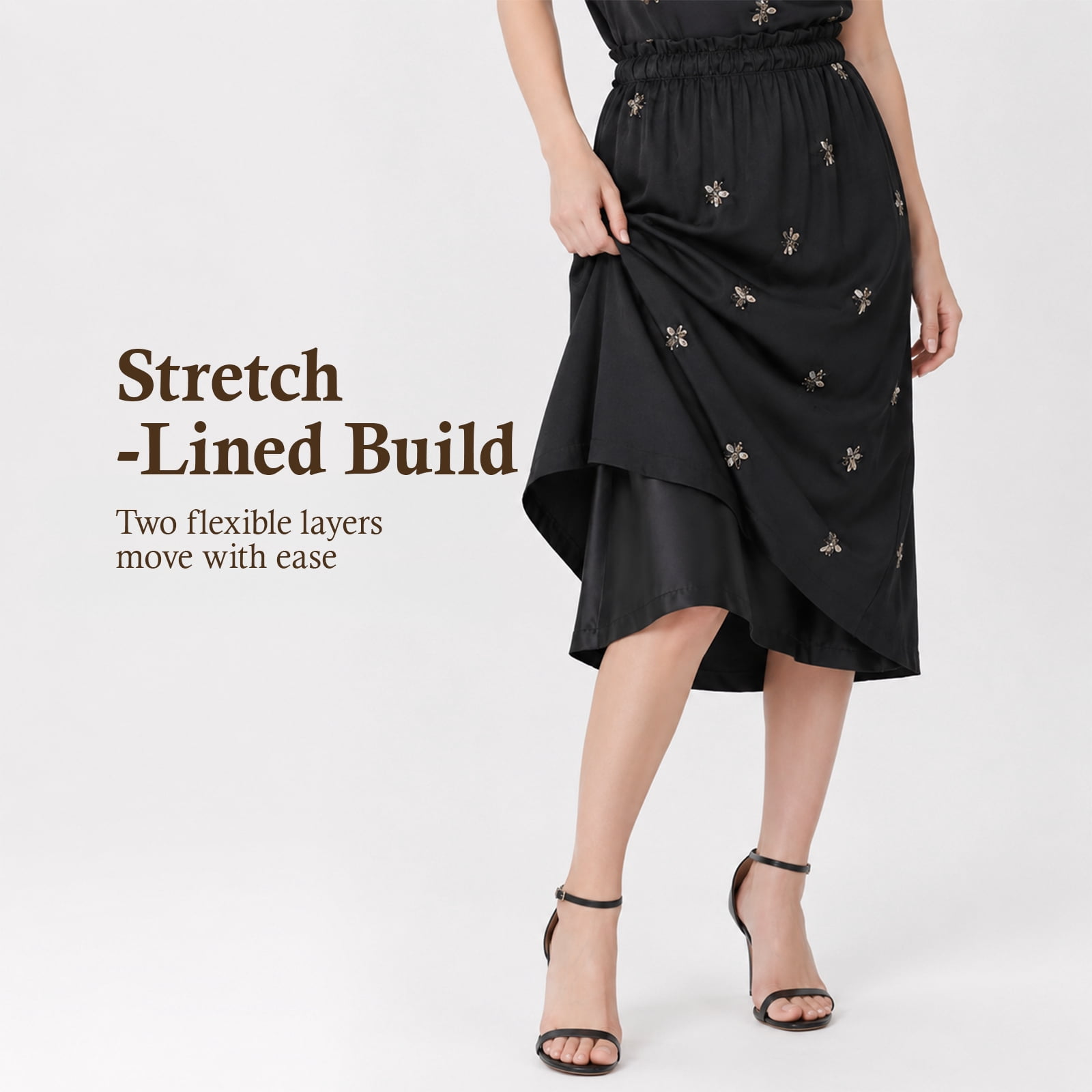 Alvantor Women's Embellished Midi Skirt, Pull-On Style with Gathered Waist and Stretch Lining, Black