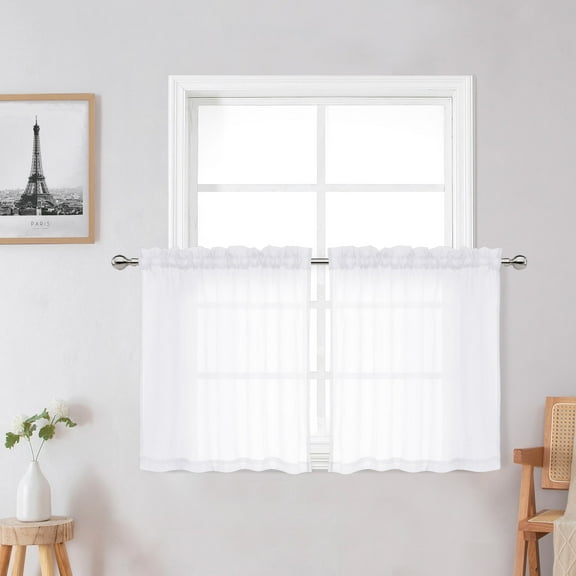 OVZME Troy White Sheer Curtains 24 inch Length 2 Panels Set, Light Weight Crushed Semi Kitchen Curtains Tiers, Rod Pocket Decor Short Curtains for Kitchen/Cafe/Bedroom/Living Room, Each 42Wx24L inch