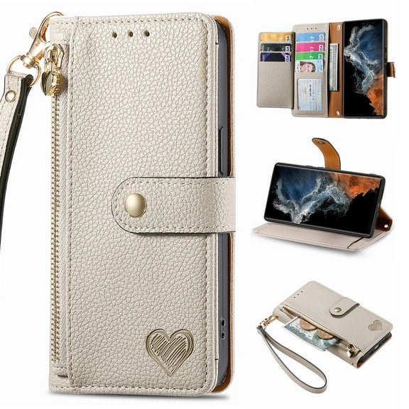 Wallet Case For with iPhone 16E, Heart Pattern Detachable Wrist Strap PU Leather Card Slots Zipper Pocket RFID Blocking Kickstand Phone Case
