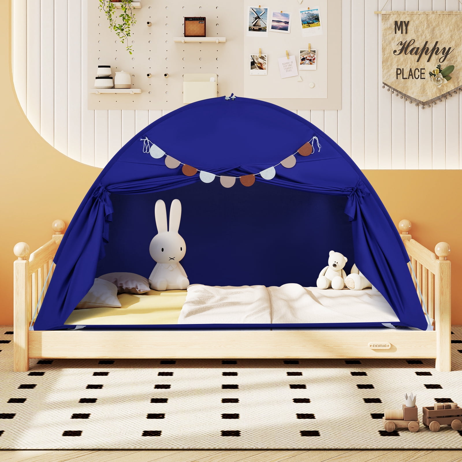 Gymax Twin Full Size Bed Tent w/2 Windows Flags for Boys & Girls Aged 3+ Years Old Navy