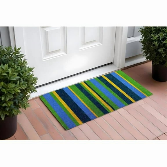HomeRoots 555517 18 x 48 in. Green & Black Coir Striped Outdoor Door Mat