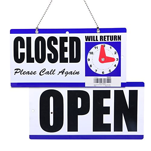 Plastic with Hanging Chain EONO Open and Closed Sign 6X11.5-Inches Double Sides with “Will Return” Clock 