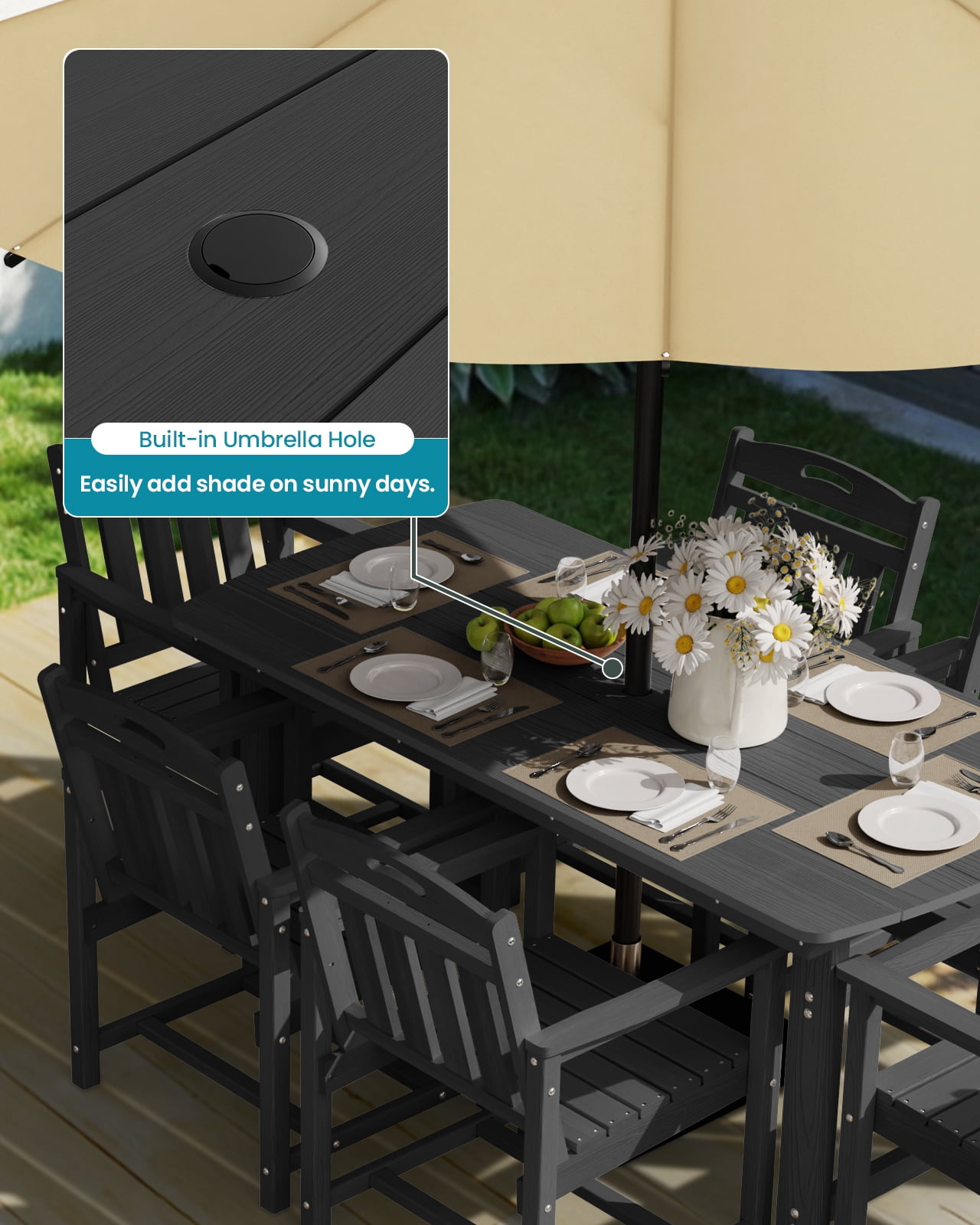 Harbweb 7pc HDPE Outdoor Dining Set, All-Weather Wood Grain Patio Furniture, Black