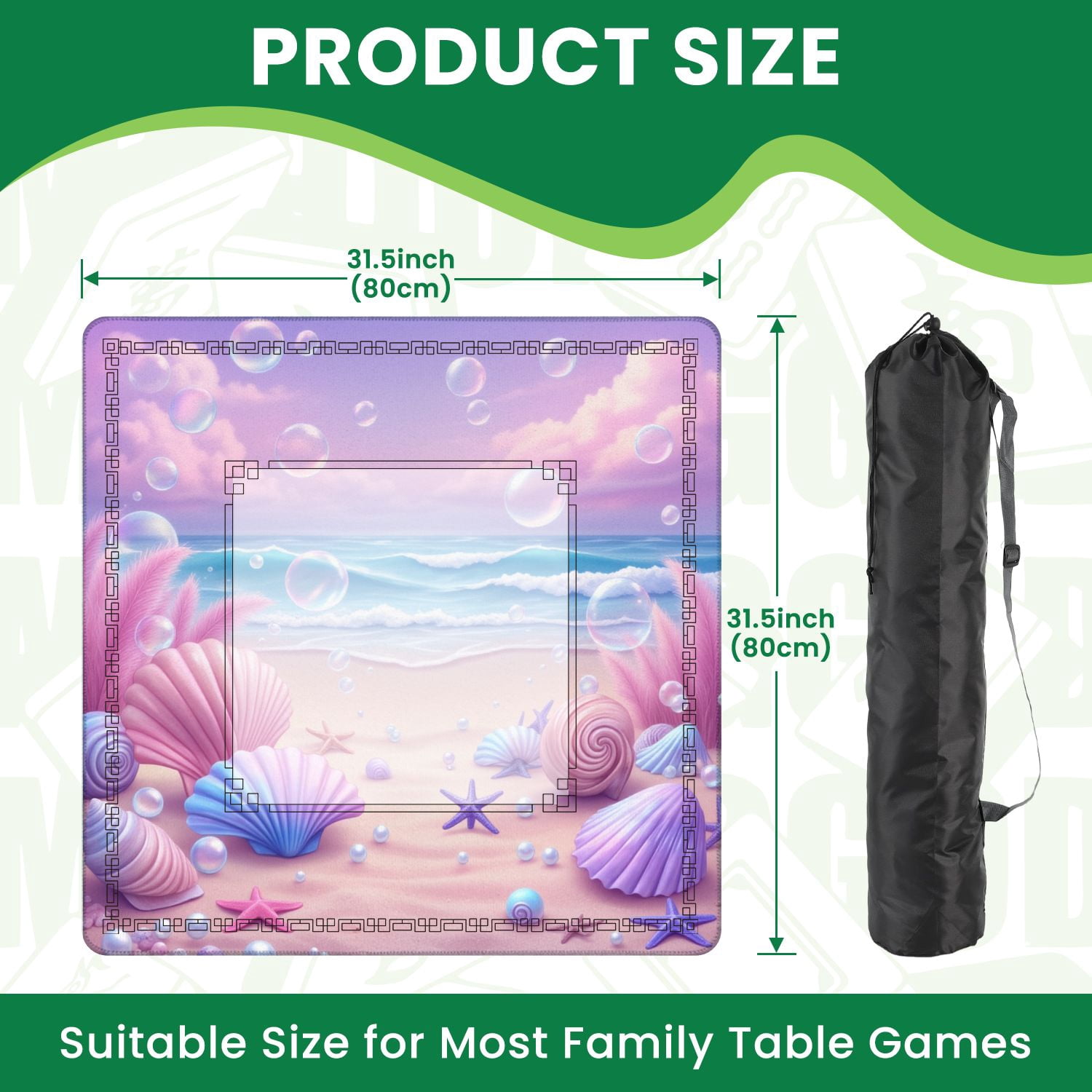 Mahjong Mat 31.5" x 31.5" Pastel Seashells Starfish Sandy Beach Bubbles Ocean Waves Non-Slip Noise Reduction American Mahjong Tiles Table Cover for Dominoes Poker Card Board Games Gift