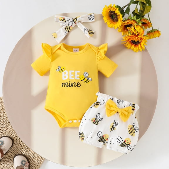 RTKFRFLM Baby 3-Piece Summer Set Cartoon Bee Print Short Sleeve Romper Bodysuit with Matching Shorts and Headband Soft Cotton Outfits and Playwear for Girls