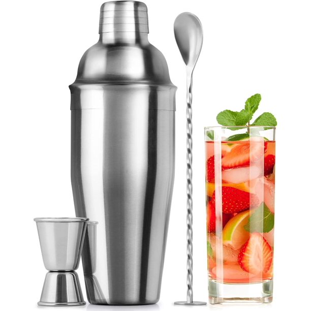 Juego de coctelera de acero inoxidable de 700 ml - coctelera para bebidas mixtas - juego de coctelera para martini con colador incorporado, medidor de doble cara y cuchara mezcladora combinada - coct