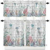 Kitchen Curtains Valance and Tiers 3 Piece Set, Ocean Nautical Marine Life Coral Jellyfish Starfish Wood Grain Short Curtain Rod Pocket Tier Valance for Cafe Laundry Room Bathroom 36-Inch Tier Set