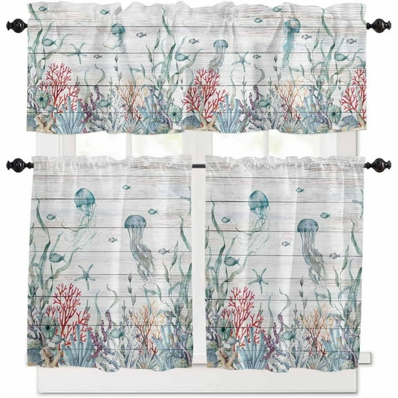 Kitchen Curtains Valance and Tiers 3 Piece Set, Ocean Nautical Marine Life Coral Jellyfish Starfish Wood Grain Short Curtain Rod Pocket Tier Valance for Cafe Laundry Room Bathroom 36-Inch Tier Set