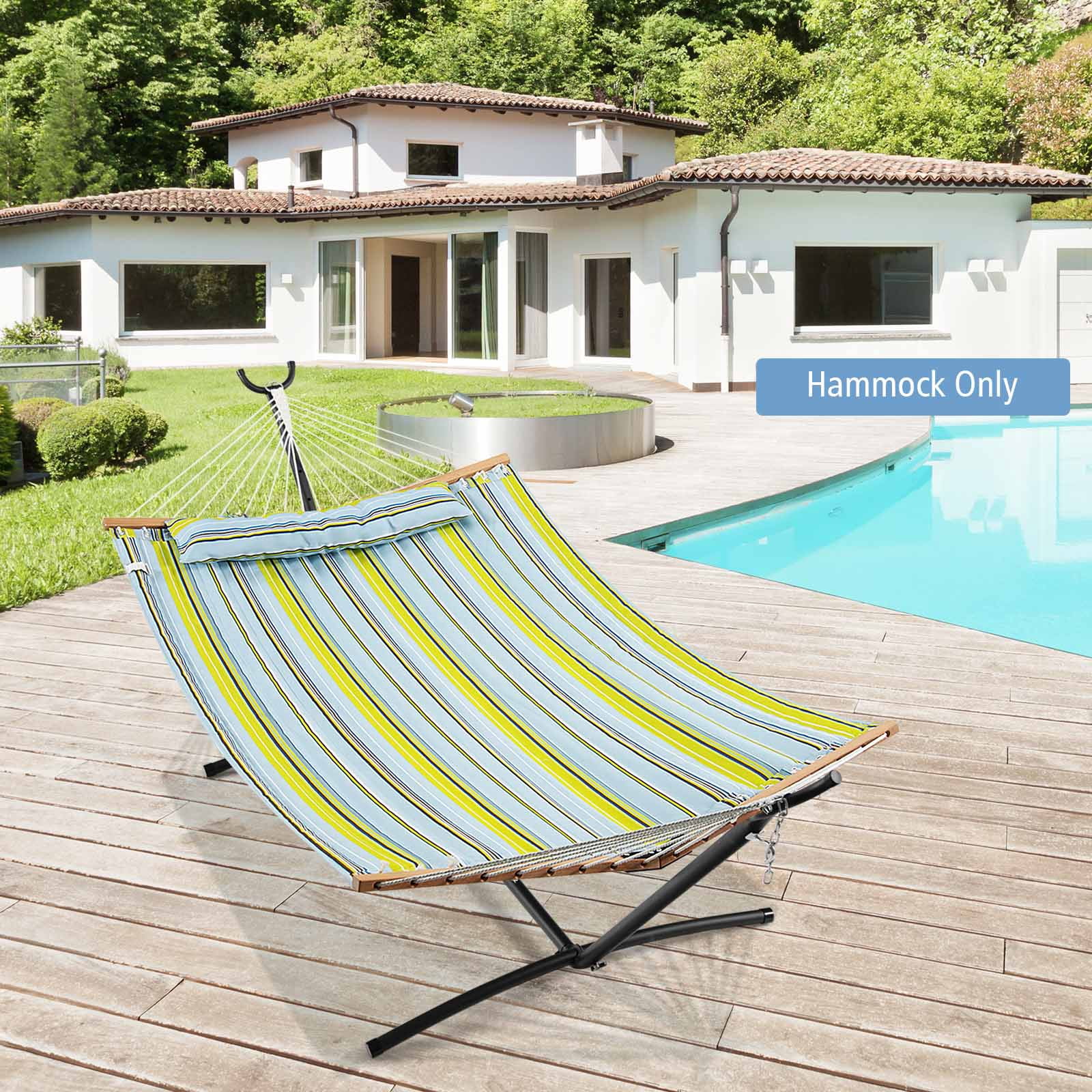 Patiojoy Portable Hammock W/ Spreader Bars & Detachable Pillow Quick Dry & Water Proof Material Hand Woven Cotton Rope Light Blue + Yellow